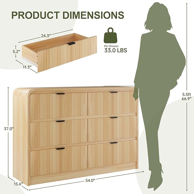 FURSUN Fluted 6 Drawers Dresser for Bedroom, 54" Wide Wooden Dresser with Metal Handle, Curved Profile Design, Modern Storage Organizer for Bedroom, Hallway (Natural Oak)