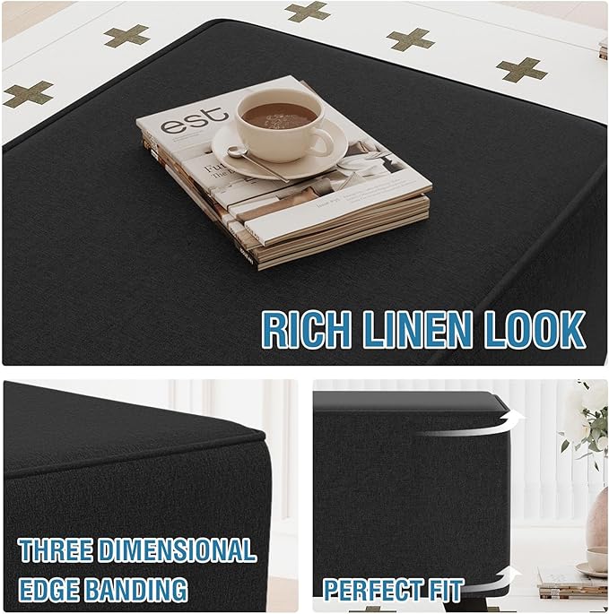 H.VERSAILTEX Ottoman Cover Rectangle Fit Length 49"-50" Footrest Linen Look Ottoman Slipcovers Thick Ottoman Covers Slipcover Rectangle Slipcovers for Ottomans Sturdy Foot Stool Cover - Heather Black