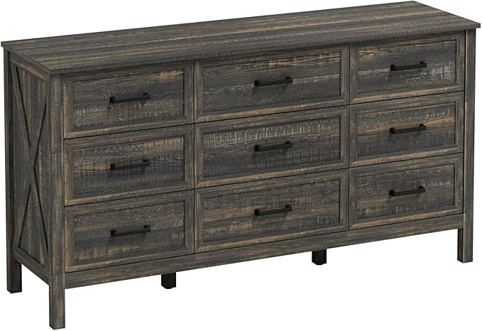 LYNSOM Farmhouse 9 Drawers Dresser for Bedroom, Wood Rustic Wide Chest of Drawers with Deep Drawers, Metal Handle, Storage Dressers Organizer for Entryway, Hallway, Dark Rustic Oak