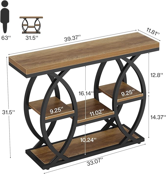 Tribesigns 39.4" Console Table, Industrial 4-Tier Sofa Table Entryway Table with Storage Shelves, Narrow Wood Accent Tables with Metal Frame for Small Spaces, Hallway, Foyer, Brown