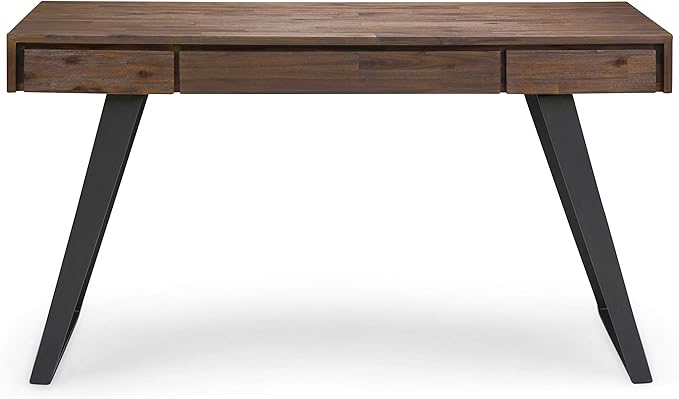 SIMPLIHOME Lowry Desk - 54-Inch Wide Solid Acacia Wood and Metal Writing Desk in Rustic Natural Aged Brown, Modern Industrial Home Office Computer Table with 2 Drawers and Flip-Down Keyboard Tray