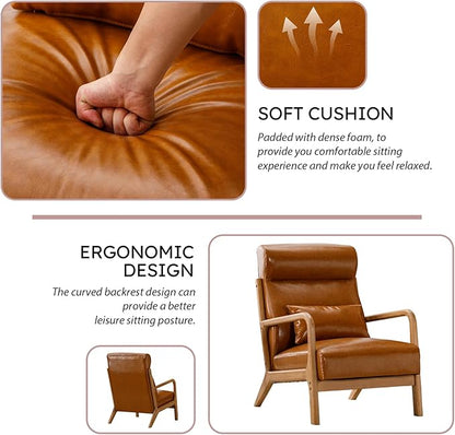 Accent Chair Mid Century Modern Chair PU Leather Living Room Chairs with Solid Wood Frame Comfy Upholstered and Lumbar Pillow Reading Side Chair Easy Assembly for Bedroom (2, Brown)