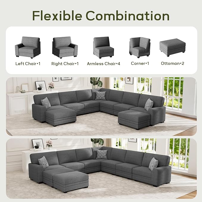 Wanderwell Oversized Modular Sectional Sofa, 9-Seater U Shaped Couches with Movable Ottoman,Corduroy Sectional Couch with Wide and Deep Seats Suitable for Living Room,Bedroom,Apartment (Grey, U-9)