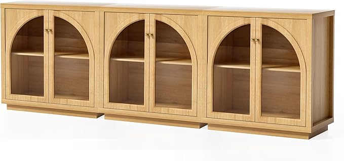 Sideboard Buffet Cabinet Set of 3, Storage Cabinet with Adjustable Shelf Modular Accent Display Case with Acrylic Doors Console Table for Living Room Kitchen Entryway, Natural Oak