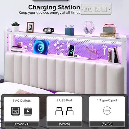 VINGLI Full Size Headboard Only, Adjustable Upholstered Headboard with 2 Tier Shelves and Pegboard with Charging Stations and LED Lights, Modern Bed Headboard with Storage for Bedroom Decor