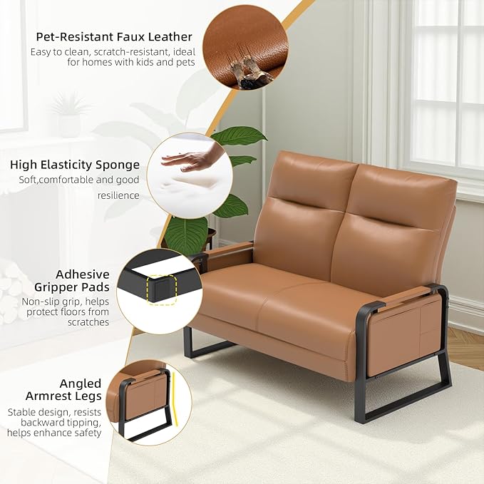 Faux Leather Loveseat Couch for Living Room Bedroom Office, Small Sofa 2 Seater Couch with Flip Up Tray Table Side Pockets Leather Loveseats, Brown