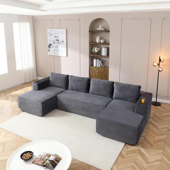 132 Inch Modular Sectional Sleeper Sofa, Boneless Cloud Couch for Living Room, U Shaped 5 Seat Sofa with 2 Cup Holders, Free Combination, No Assembly Required (Grey)
