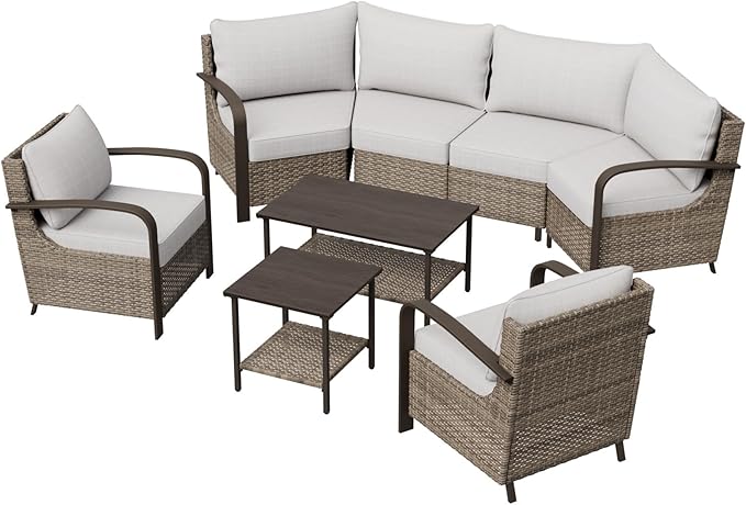 COOS BAY Aurora Terrace Half-Moon Outdoor Furniture Set, Rattan Conversation Set with Patio Chairs, Curved 4-Seat Sofa, Coffee Table & Side Table, Seats 6, Beige/Beige