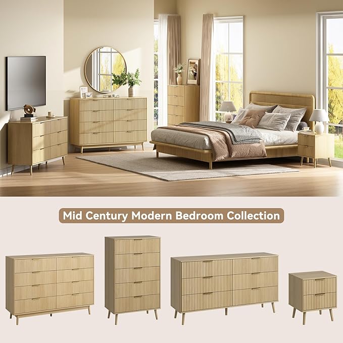 CARPETNAL Fluted 8 Drawer Dresser for Bedroom, 55" Wide Wooden Chest of Drawers with Rounded Corners, Gold Handles, Modern Storage Organizer for Bedroom, Hallway(Oak)