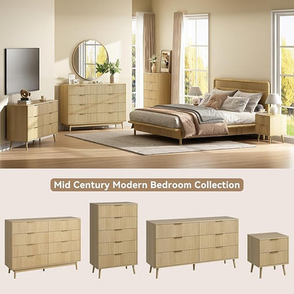CARPETNAL Fluted 8 Drawer Dresser for Bedroom, 55" Wide Wooden Chest of Drawers with Rounded Corners, Gold Handles, Modern Storage Organizer for Bedroom, Hallway(Oak)