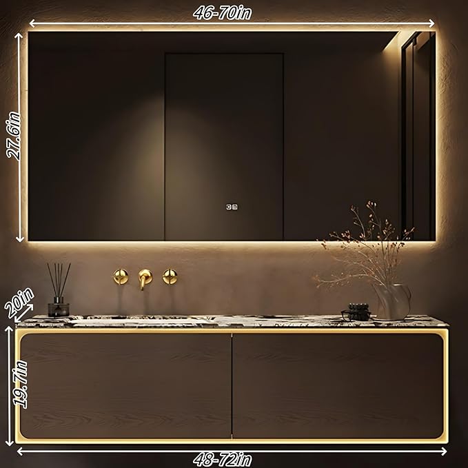 50IN Bathroom Vanity Set with a Single Sink - Embedded Sensor Light Strip & Large Capacity Floating Cabinet | Modern Bathroom Vanities with Defogging Mirror Surface & LED Lighting (Mirror)