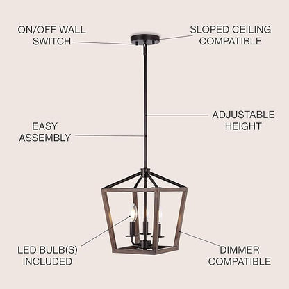 JONATHAN Y JYL1321A Pagoda 10" 3-Light Iron Farmhouse Industrial Lantern LED Pendant, Rustic, Bohemian, Coastal, for Dining Room, Kitchen, Living Room, Oil Rubbed Bronze/Faux Wood