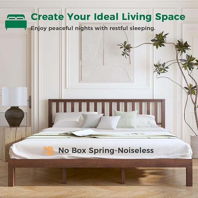DELAVIN King Size Bed Frame and Headboard, Mid Century Modern Platform Bed, Malaysian Oak Bed with 12 Slats Support,Solid Wood Function, No Box Spring Needed, Easy Assembly, King, Antique Espresso