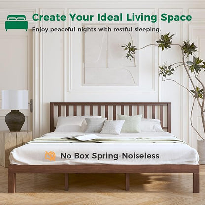 DELAVIN King Size Bed Frame and Headboard, Mid Century Modern Platform Bed, Malaysian Oak Bed with 12 Slats Support,Solid Wood Function, No Box Spring Needed, Easy Assembly, King, Antique Espresso