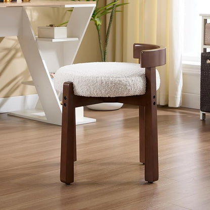 Modern Vanity Chair Upholstered Small Ottoman Footstool, Make Up Stool Sherpa Fabric with Backrest Wooden Frame for Living Room Bedrooms, 2PCS, White
