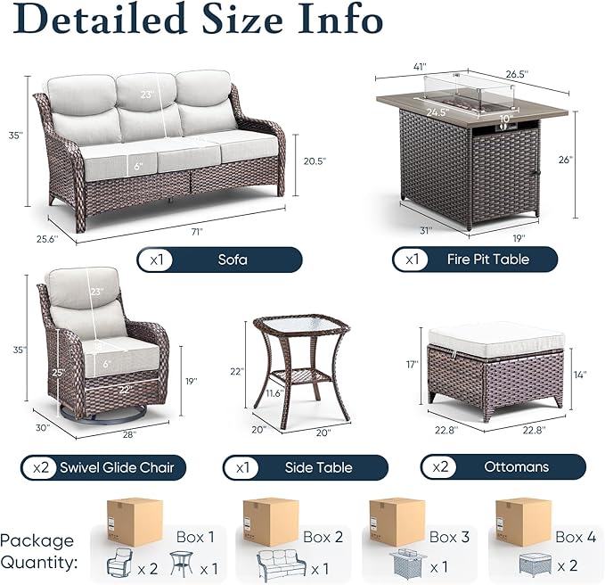 Belord Luxury 6" Thick Cushioned 7 Pieces Patio Furniture Set with Fire Pit Table, Wicker Outdoor Conversation Set with High Back Swivel Rocker Chairs for Deck Porch Yard and Poolside - Brown+Beige
