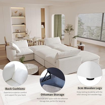 Cloud Couch Modular Sectional Sofa,160.6" Down Filled 5 Seater Convertible Sectional Sofas,V Shaped Couch for Living Room,Covers Washable&Replaceable,White
