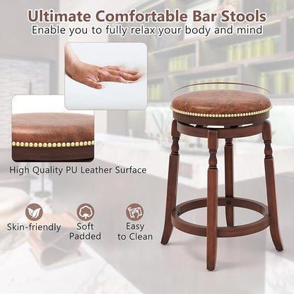COSTWAY Round Swivel Wooden Bar Stools Set of 2, 24-inch Upholstered Backless PU Leather Farmhouse Counter Chairs with Footrest, Decorative Rivets for Kitchen Island, Dining Room, Walnut