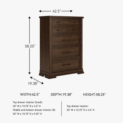 Signature Design by Ashley Taffenbrook Farmhouse 5-Drawer Chest with Felt-Lined Top Drawer and Easy Glide for Bedroom, Dark Brown