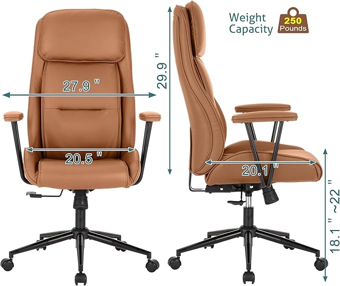 High Back Office Desk Chair,Ergonomic Reclining Office Chair,Modern Swivel Computer Chair,Conference Room Chairs,Brown Leather Chair with Lumbar Support,330lbs (Pure Brown)