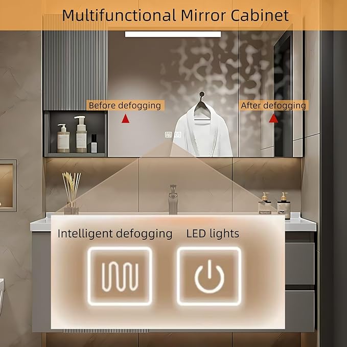 48IN Suspended Bathroom Cabinet Combo Set - Fully Functional LED Mirror with Smart Defogging & Time Display | Bathroom Vanity with Sink,Side Cabinet Storage Compartment (Style A)