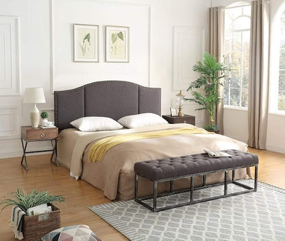 24KF Middle Century Dark Gray Upholstered Foldable Headboard with Antique Brass Nail Heads Trim King/California King headboard-60232-Dark Gray
