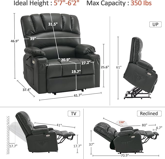 MCombo Oversized Power Lift Recliner Chair for Elderly, Lift Chair with Heat and Massage, Lift Recliner for Big and Tall, Cup Holders, USB &Type C Ports, Faux Leather R7092 (Grey, Oversize)