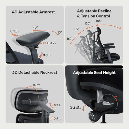 LiberNovo Dynamic Ergonomic Office Chair - Comfy Adjustable Desk Chair with Adaptive Lumbar Support, 160° Recline & Built-in Spine Stretch for Back Comfort, Home Office Long Hours Use, Gray+48cm