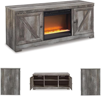 Signature Design by Ashley Wynnlow Farmhouse 63" TV Stand for TVs up to 72" with Electric Fireplace, Light Gray