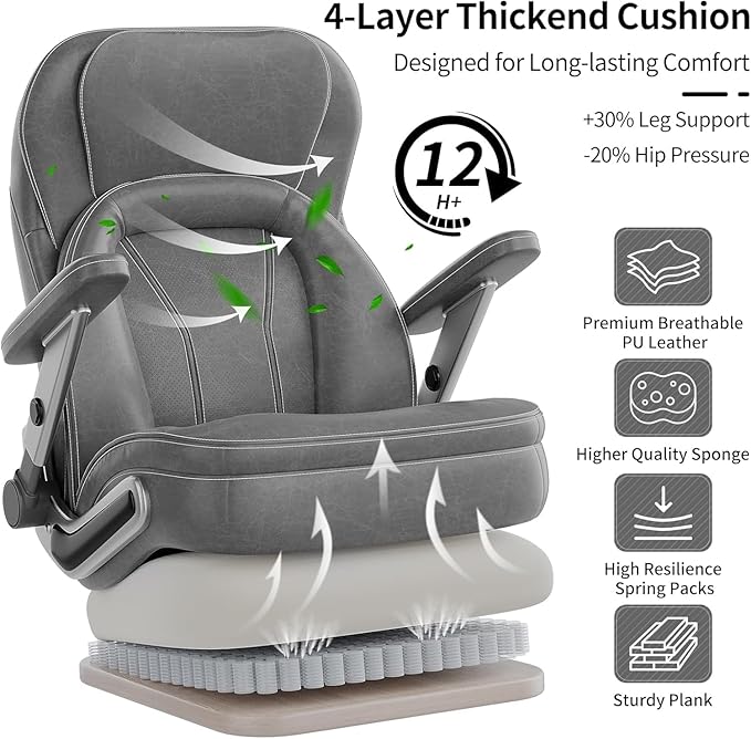 Big and Tall Office Chair, 600lbs Heavy Duty Desk Chair with 5D Arms, Adjustable Lumbar Support & Height, Tilt Function, PU Leather High Back Ergonomic Executive Computer Chair with 3'' Silent Casters