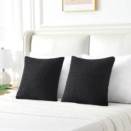 FUTEI Black Throw Pillow Covers 18x18 Inch Set of 2,Furry Faux Fur Teddy Boucle Textured Cushion Covers,Soft Fluffy Decorative Pillow Case,Home Decor for Couch Bed Living Room Office Car