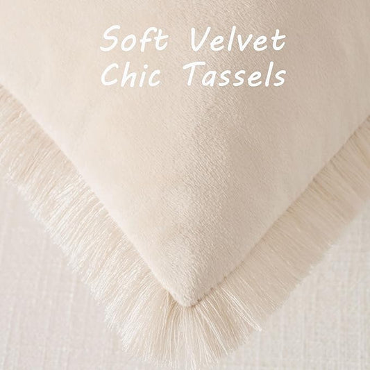 FUTEI Beige Velvet Decorative Throw Pillow Covers 18x18 Set of 2,Soft Cozy Edge with Tassels Cushion Case,Boho Modern Home Decor for Couch Bed Living Room