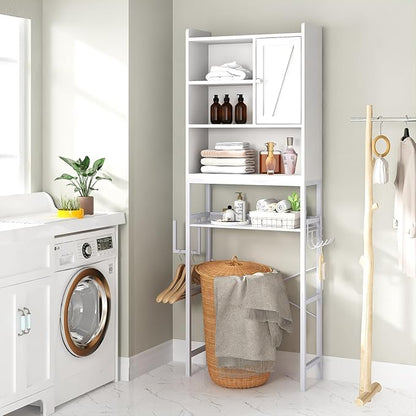AWQM Over The Toilet Storage Cabinet, Bathroom Cabinet Organizer with Adjustable Shelf, Freestanding Space Saver Toilet Stands with Door, Paper Hook, Multifunctional Bathroom Toilet Rack, White