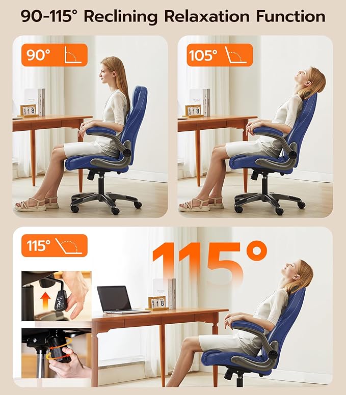 Office Desk Chair, Ergonomic Computer Chair with Padded Flip-Up Arms and Adjustable Lumbar Support, PU Leather Executive Chair with Tilt Lock and 360° Swivel Rolling Wheels for Work, Study