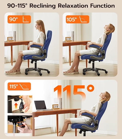 Office Desk Chair, Ergonomic Computer Chair with Padded Flip-Up Arms and Adjustable Lumbar Support, PU Leather Executive Chair with Tilt Lock and 360° Swivel Rolling Wheels for Work, Study