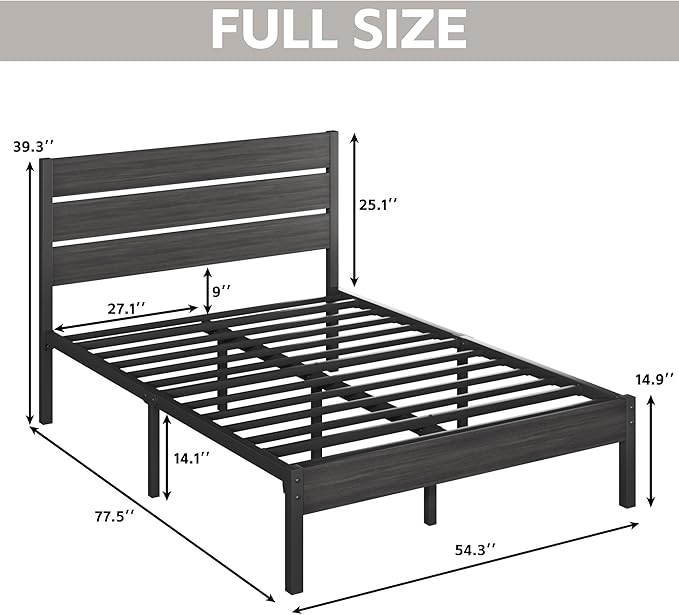 Full Bed Frame with Headboard and Footboard, Metal Platform Bed Frame with Under Bed Storage, All-Metal Support System, No Box Spring Needed, Easy Assembly,Rustic Grey