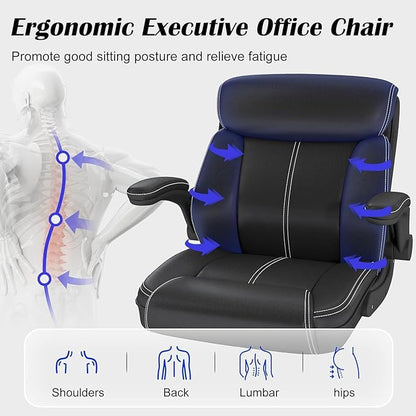 AnyGod Executive Leather Office Chair, Ergonomic Home Office Desk Chair with Flip-up Armrests, Lumbar Support, Adjustable Height, Mid-Back with Rocking Function for Executives