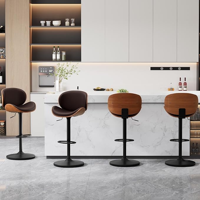 Furniliving Adjustable Bar Stools Set of 2, Swivel Bentwood Barstools Counter Height Bar Stools, Ergonomic Modern Bar Stools with Back Upholstered Barstools for Dining Room, Kitchen, Bar, Brown, PU