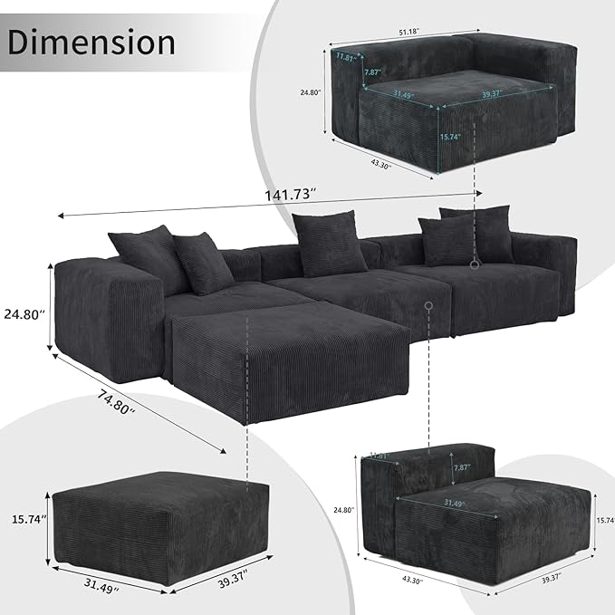 WJShome Cloud Couch Modular Sectional Sofa,141.73inch L Shaped Couch,Oversized Corduroy Couches with Ottoman and Pillows, Black 4 Seaters Cushion Covers Removable& Washable