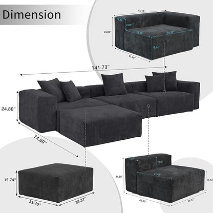 WJShome Cloud Couch Modular Sectional Sofa,141.73inch L Shaped Couch,Oversized Corduroy Couches with Ottoman and Pillows, Black 4 Seaters Cushion Covers Removable& Washable