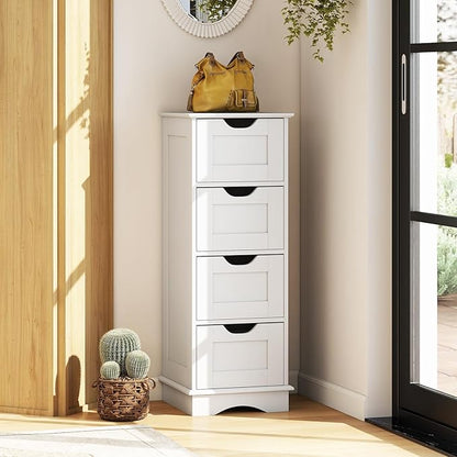 Giantex Bathroom Storage Cabinet with 4 Drawers, 32" Freestanding Storage Organizer Unit with Cutout Handles, Anti-Tipping Device, Narrow Floor Cabinet for Hallway, Living Room, Entryway (White)