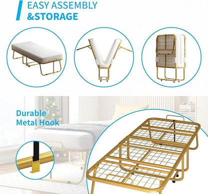 Mjkone Folding Bed with 4" Memory Foam Mattress for Guests – Single Rollaway Bed, Space-Saving Portable Design, Lockable Wheels & Easy Assembly, 75" x 46" Foldable Guest Bed Frame (Gold)