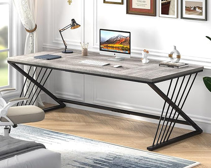 FOLUBAN 70.9" Industrial Computer Desk with Z-Shaped Legs, Modern Home Office Desk for 2 Person, Large Gaming Executive Workstation Study Table for Bedroom Writing, Light Grey
