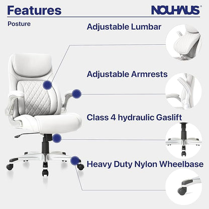 Nouhaus +Posture Ergonomic PU Leather Office Chair. Click5 Lumbar Support with FlipAdjust Armrests. Modern Executive Chair and Computer Desk Chair (White)