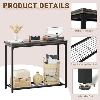 32" Small Console Table, 2-Tier Narrow Entryway Table, Sofa Table with Mesh Shelves, Console Tables for Living Room, Hallway, Entryway, Farmhouse Console Table with Storage, Oak Grey