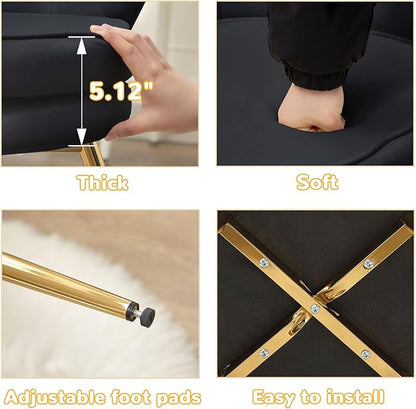 Velvet Vanity Chair with Back, Mid-Century Modern Small Accent Chair for Living Room, Golden Metal Legs Upholstered Makeup Chair, 1Pcs Bedroom Armchair, Black