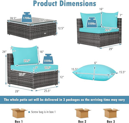 Tangkula 7 Pieces Patio Furniture Set, Patiojoy All-Weather Outdoor Rattan Sectional Sofa Set with Cushions and Tempered Glass Coffee Table, for Garden, Lawn, Backyard (Turquoise)