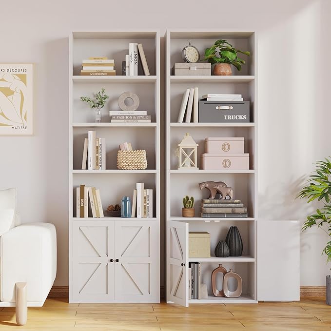 MXV 6-Tier Bookshelf and Bookcase Set of 2, Wooden Bookshelves with Cabinet Doors, Floor Bookshelves and Office Storage Cabinets for Home Office, Living Room (White 2 Pack, 6-Tier)