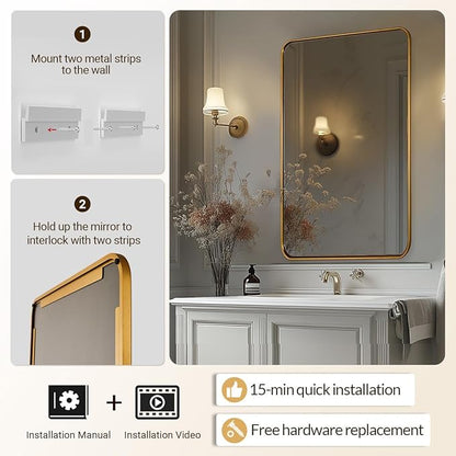 ANDY STAR Bathroom Mirror for Wall, 24x40 Inch Gold Rectangle Mirror for Bathroom with Rounded Corner, Modern Brushed Brass Vanity Rectangular Mirrors with Tube Metal Frame, Explosion-Proof Film