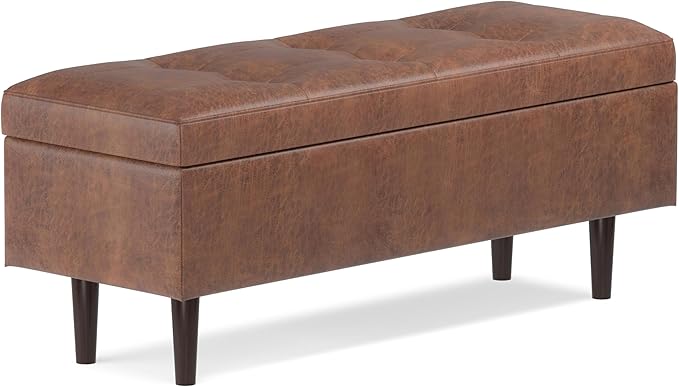 SIMPLIHOME Shay 48 inch Wide Mid Century Modern Rectangular Storage Ottoman in Distressed Saddle Brown Vegan Faux Leather, Assembled, For the Living Room, Entryway and Family Room